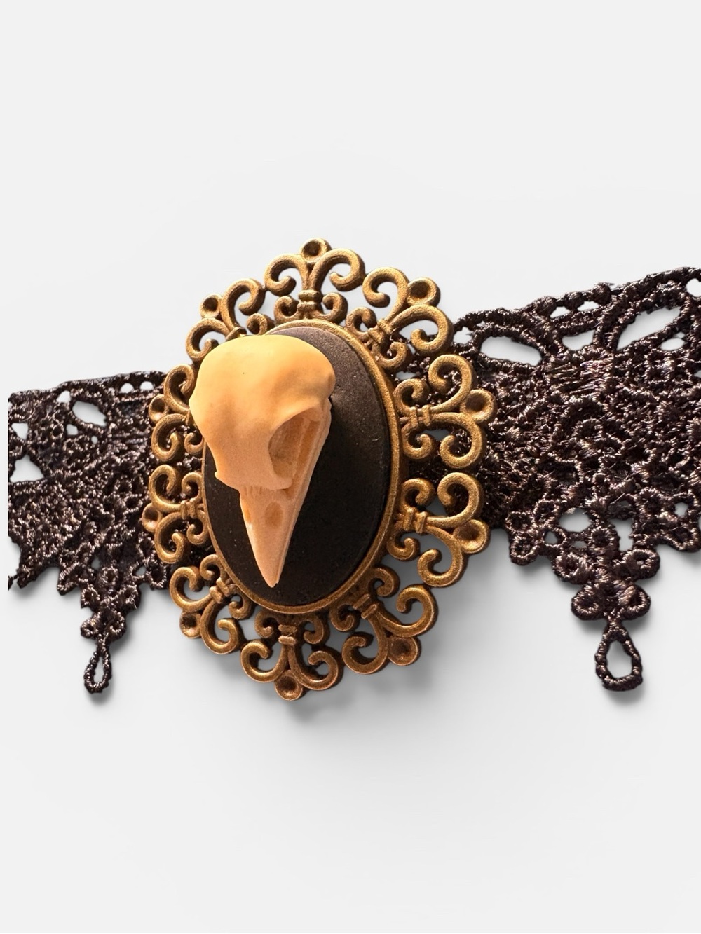 Hand-Crafted Victorian Lace Choker with Gold Cameo and Raven Skull Accent